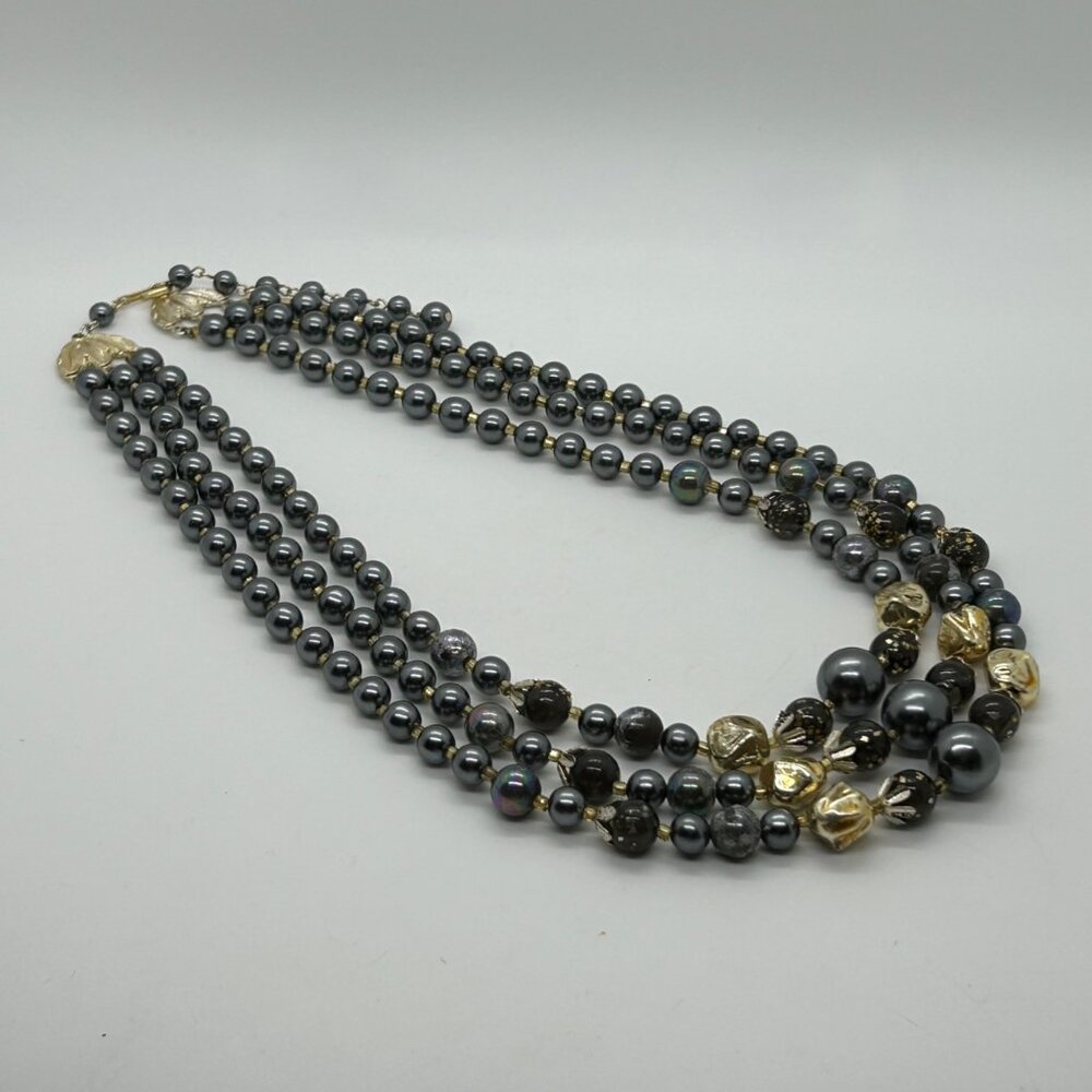 Vintage Three-Strand Gray Gold Iridescent Bead Faux & Pearls Prom Formal - Picture 14 of 16